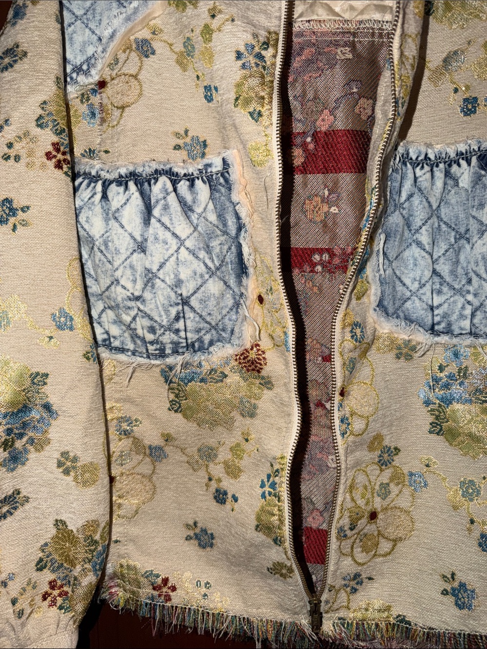 Floral Patchwork Zip-Front Women's Jacket - Cream & Blue - Picture 4 of 11